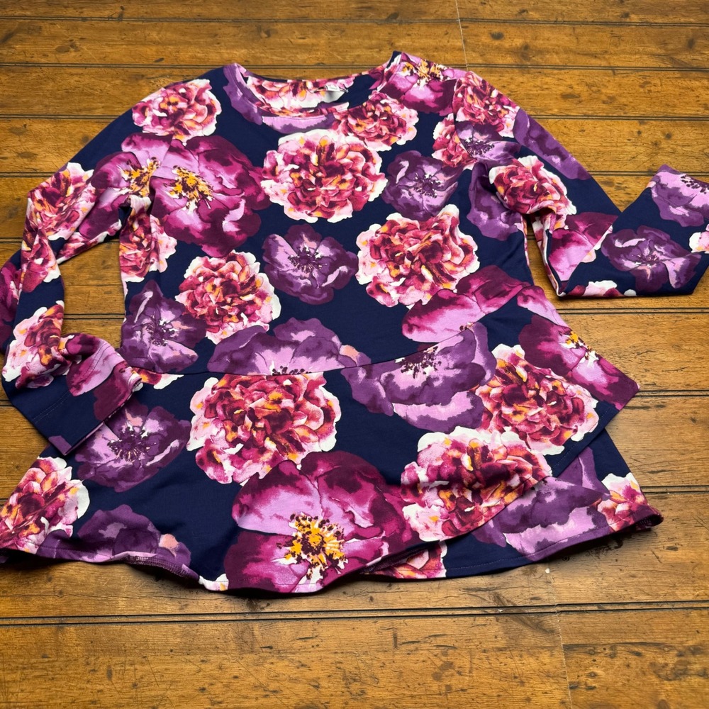 Isaac Mizrahi‎ Live Peplum Top Floral Print Navy Purple Pink Long Sleeve Women M